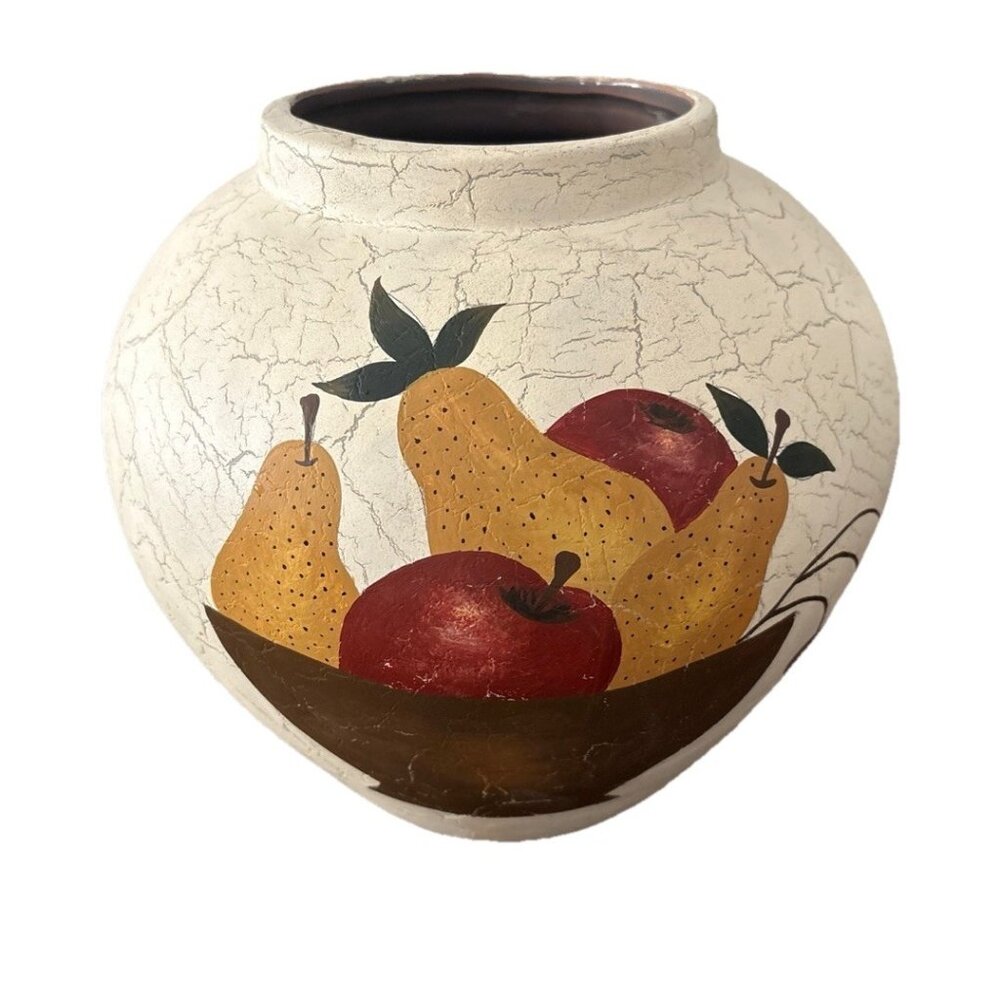 LBK apple & Pear Fruit in Bowl Crackel 8” Kitchen Pottery Vase